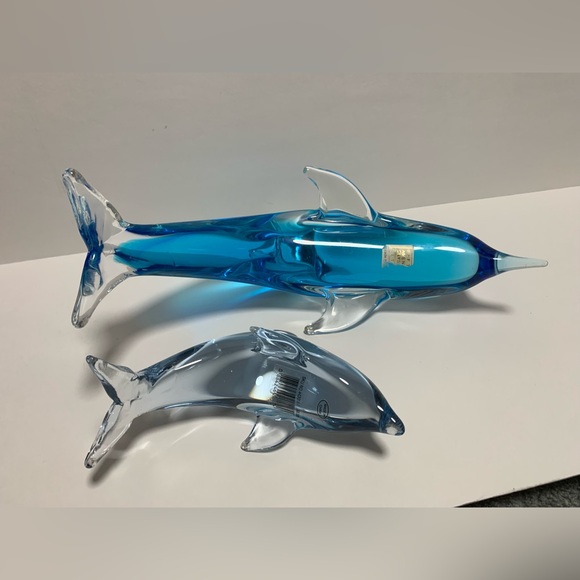 Crystal Blue Dolphin Fifth Avenue Art Glass Blue & Clear Set of 2 Dolphins - Picture 4 of 16